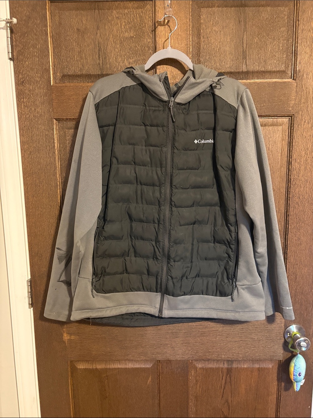 Columbia Men's Black and Gray Quilted Hybrid Hooded Jacket